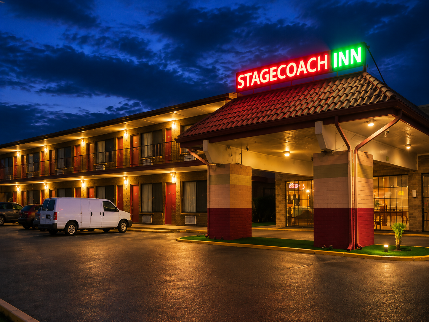 Stagecoach Inn exterior at night